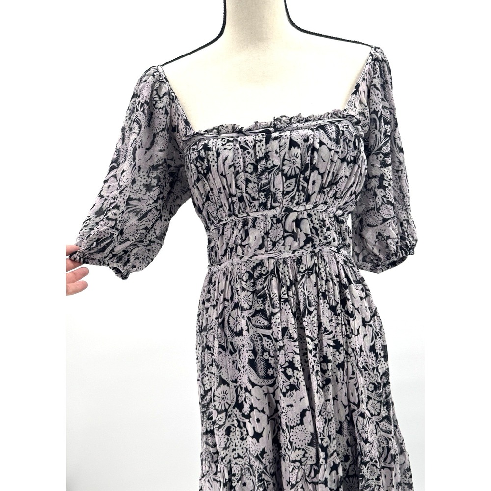 Anthropologie Whimsigoth Floral Milkmaid Midi Dress L Puff Sleeve Square Neck
